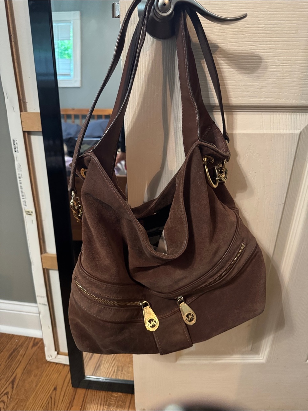 Michael Kors Chocolate Brown Suede Hobo Bag with Gold Hardware